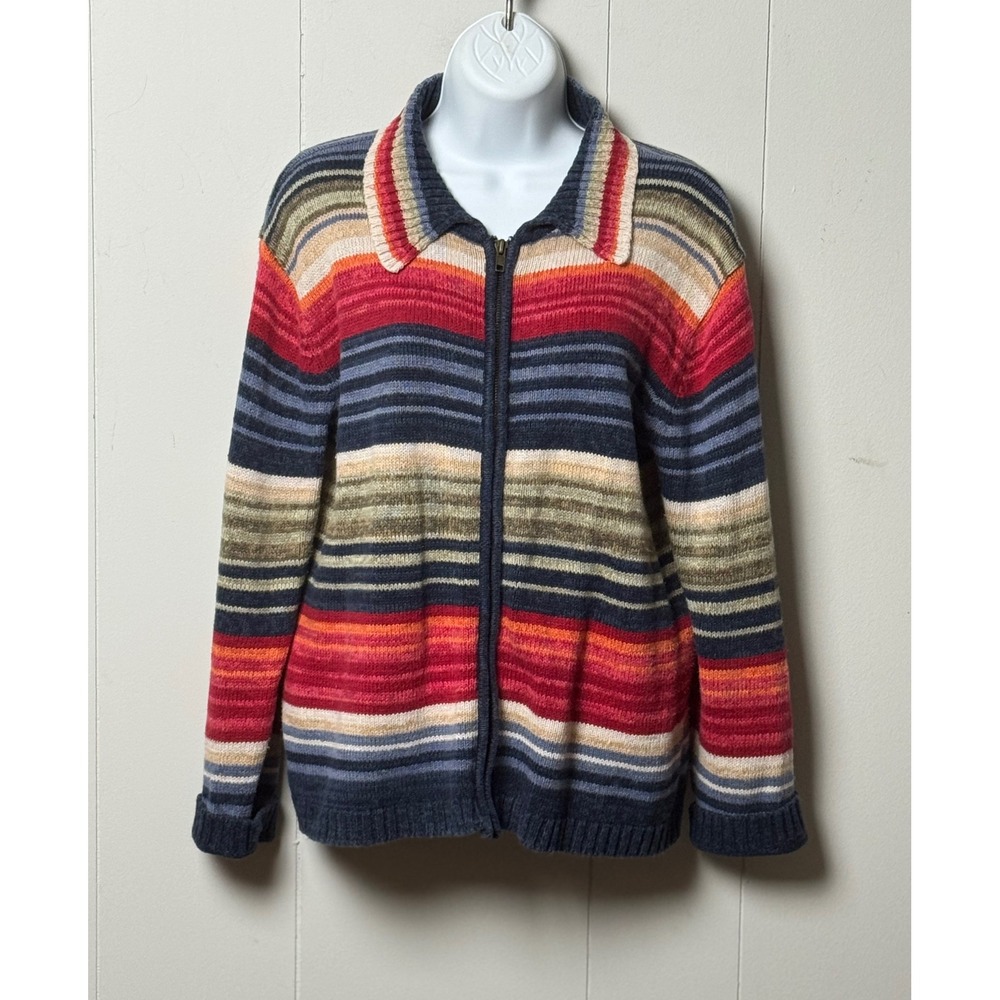 Tiara International Women's Striped Full Zip Cardigan Sweater Ramie Cotton Sz M